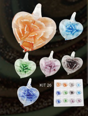 Murano Heart With Chrysanthemum (Sold in 12 pcs per package, assorted colors)