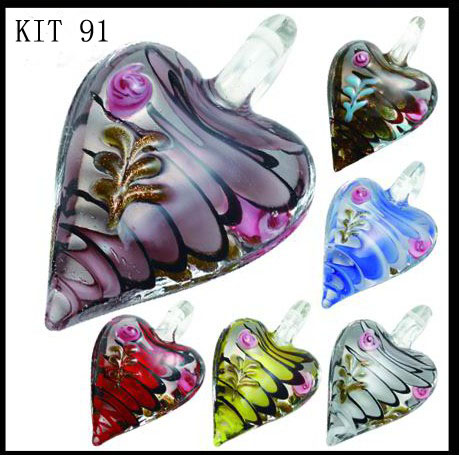 Murano Heart With Colorful Flowers (Sold in 12 pcs per package, assorted colors)