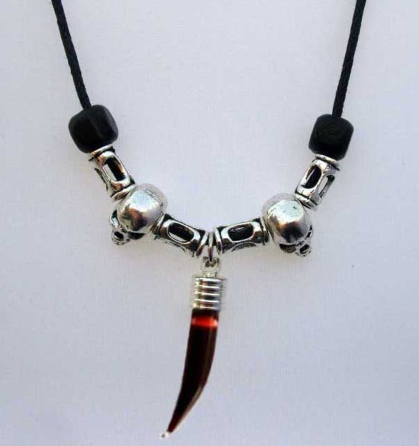 Blood Vial Fang Necklace with 2 Skulls