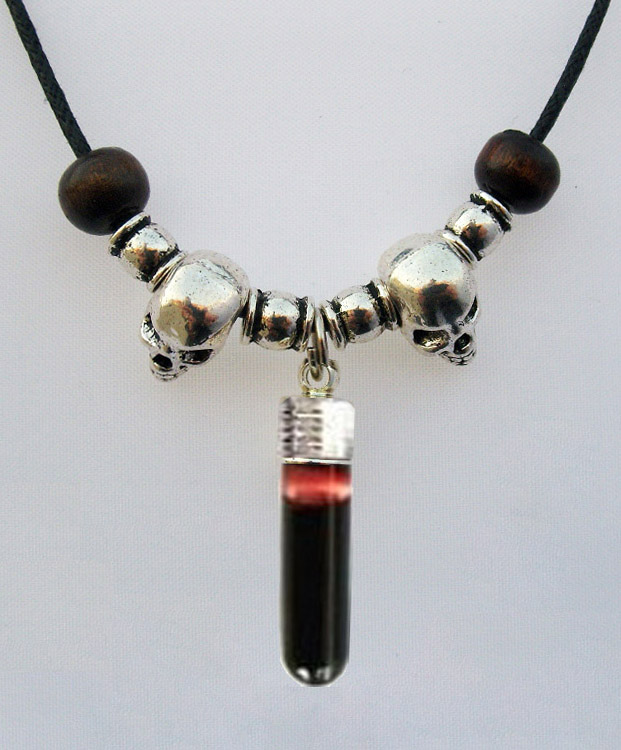 Blood Vial Fang Necklace with 2 Skulls
