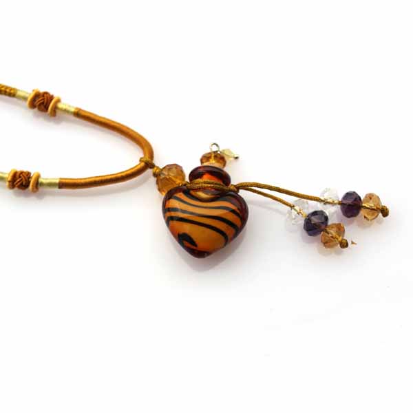 Murano Glass Perfume Necklace Zebra Stripe Heart (with cord)