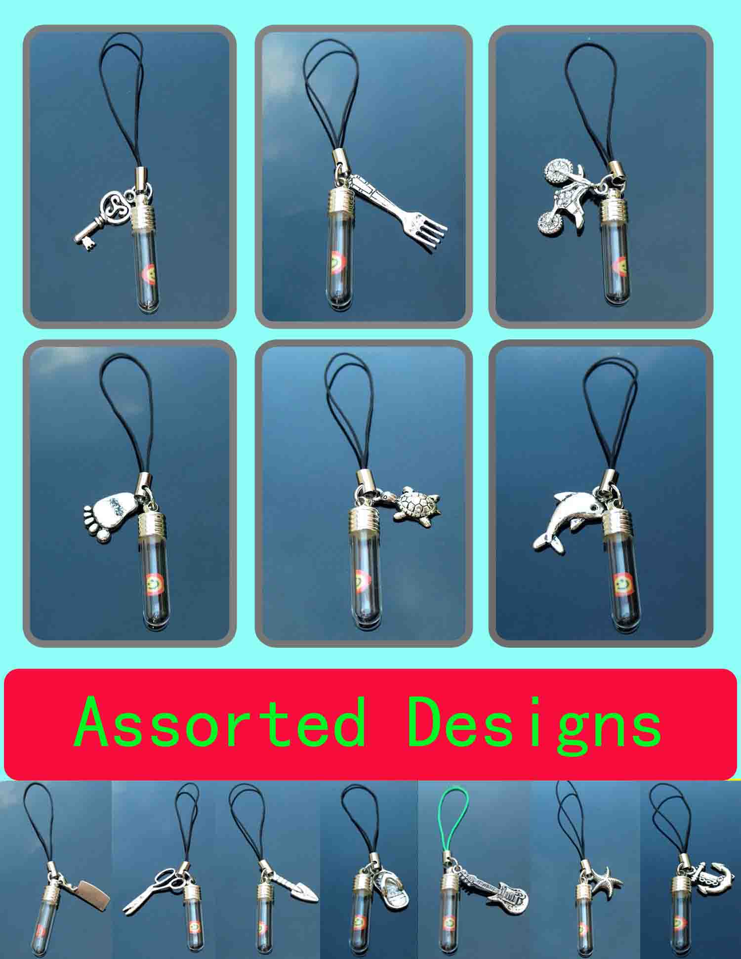 Trinkettes Charm Cellphone Strap(Tube Vial,6MM Metal Cap & Plastic Stopper,assorted designs)