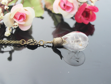 30x18MM Glass Tear Drop Dandelion Real Seed Globe Necklace