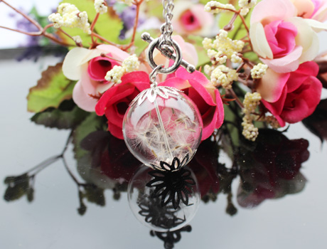 25MM Pure & simple necklace with real dandelion seeds in glass orb and WISH charm