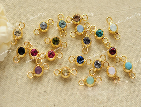 9X6MM Gold Plated Brass Double Holes Round Connector with diamond(Assorted colors)