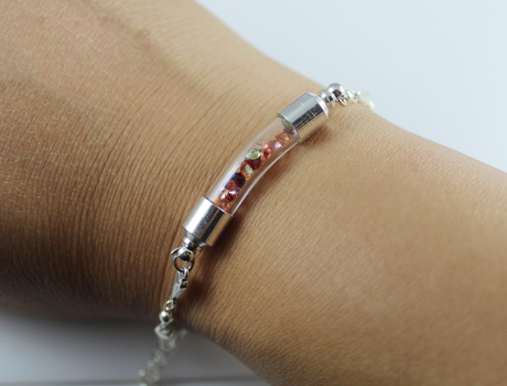 Glass vial bracelet with Acrylic Diamond Beads inside(6MM glass curve vials,preglued silver-plated screw caps)
