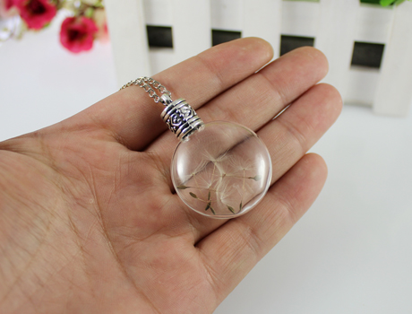 32X14MM Glass Flat Bulb Dandelion Real Seed Globe Necklace