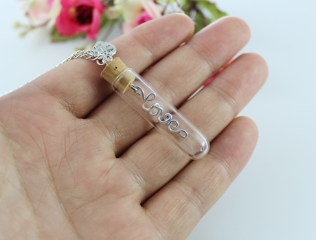 40X10MM Round Bottom Glass Tube Vial necklace with Wire wrapped LOVE Inside
