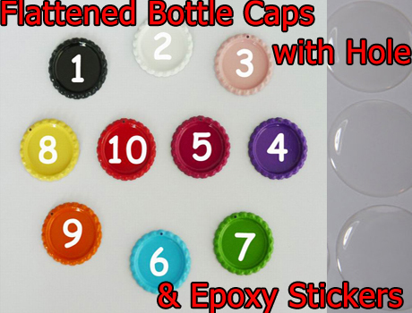 Colors Flattened Bottlecaps with Hole and epoxy stickers