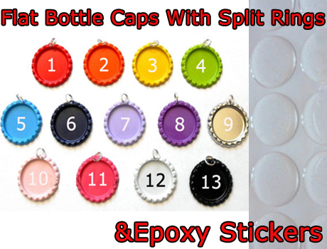 Colors Flattened Bottle Caps with rings and epoxy sticker