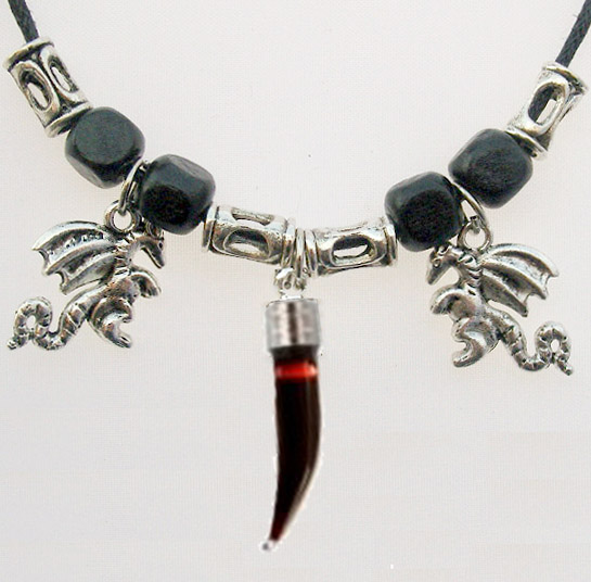 Blood Vial Fang Necklace with 2 Guardian Dragons
