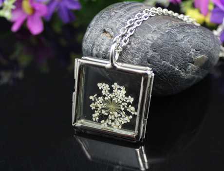 3x3CM Small Square Glass Locket Real Dry Flower necklace
