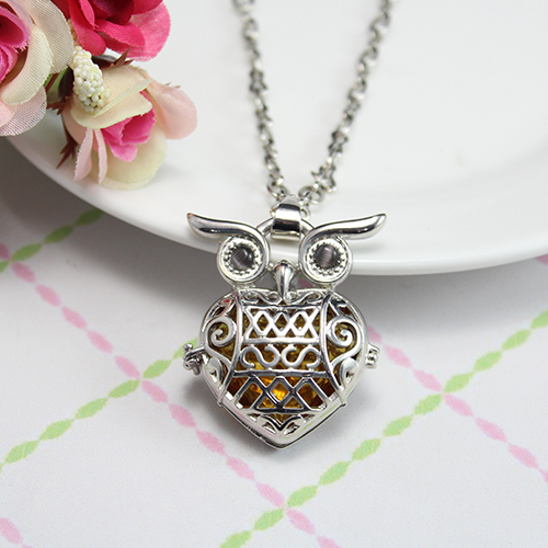 40x29MM Flat Heart Owl Diffuser Locket Ball Necklace