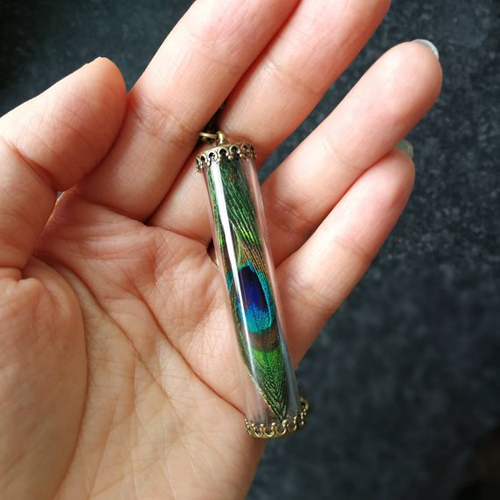 60x12mm Glass Tube real peacock necklace 